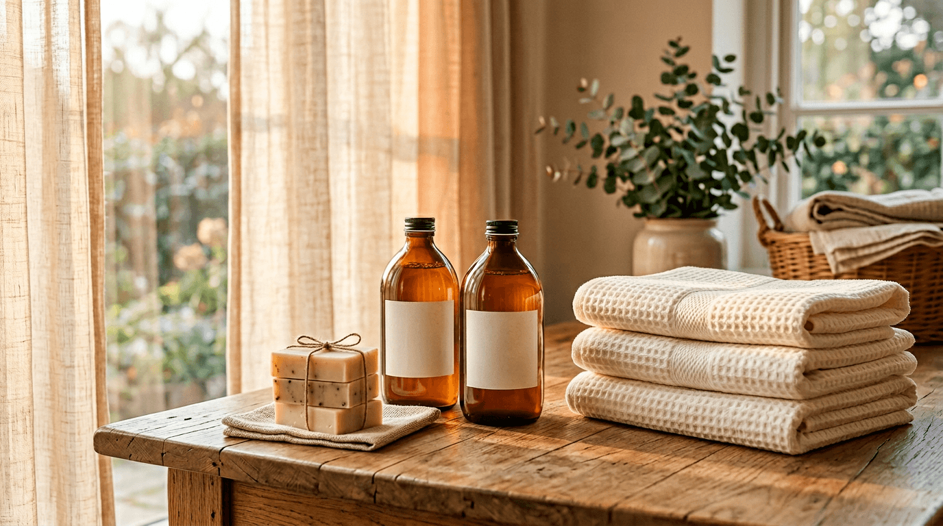 Natural detergents and soft towels — eco-friendly cleaning products in warm light