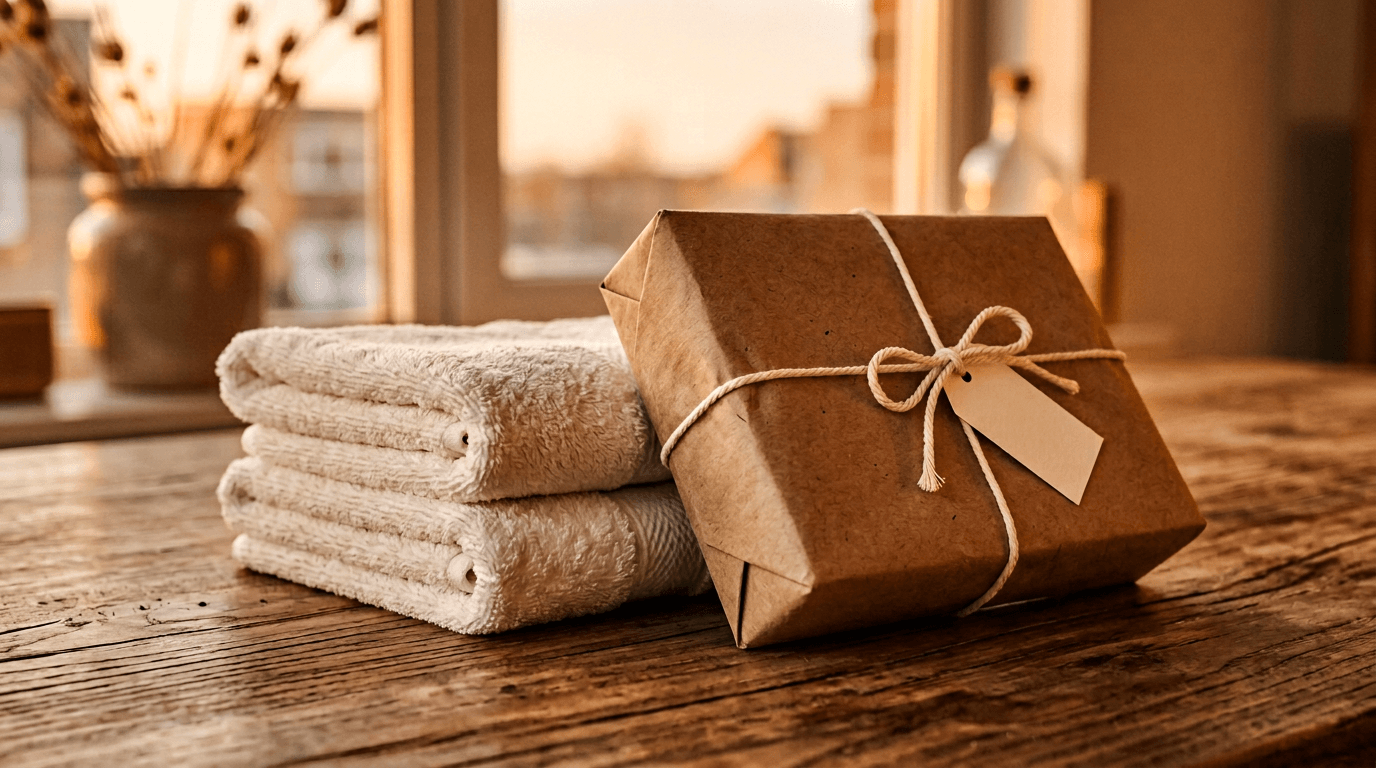 Neatly packaged laundry and towels — responsible handling and minimal waste